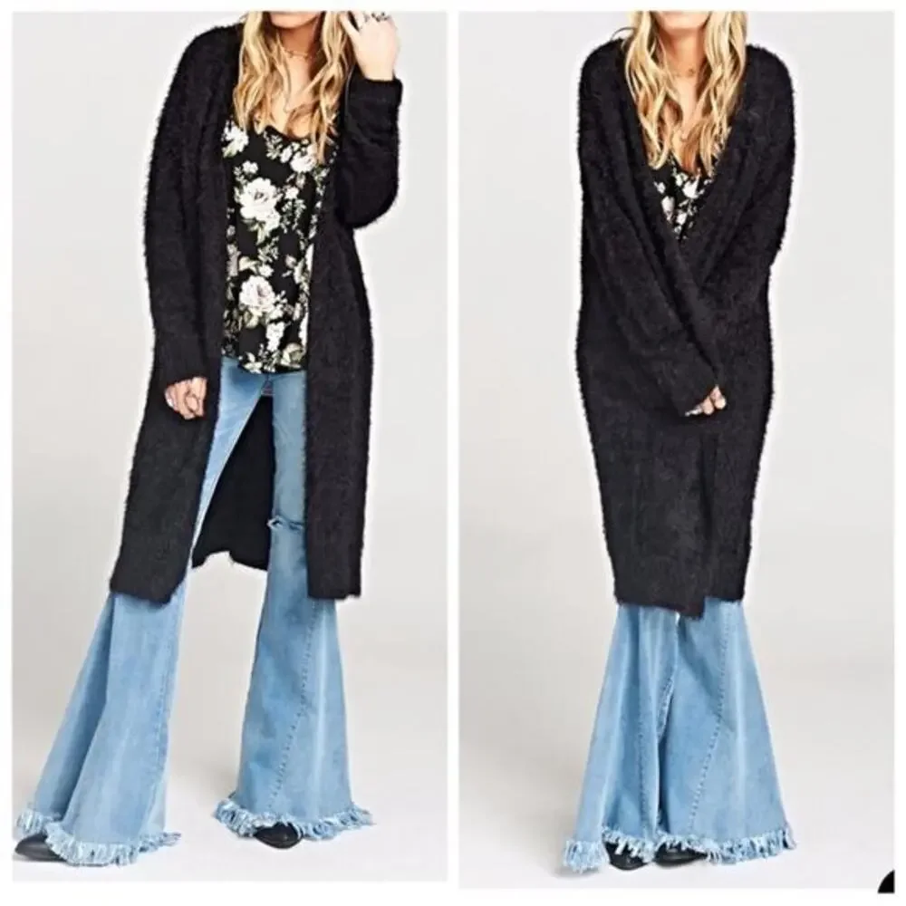 Show Me Your Mumu Bader Cardigan Sz S Black Fuzzy Duster‎ Cozy Soft Layer Comfy